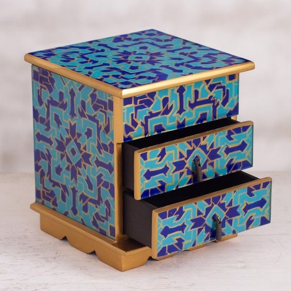 Alternate image for Reverse Painted Glass Jewelry Box in Blue from Peru Blue Intricacy