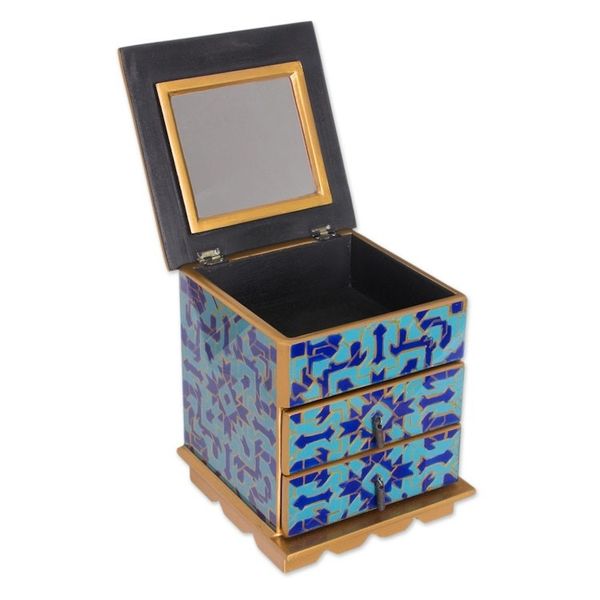 Alternate image for Reverse Painted Glass Jewelry Box in Blue from Peru Blue Intricacy