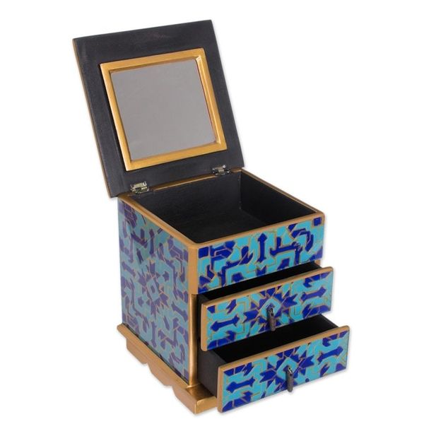 Alternate image for Reverse Painted Glass Jewelry Box in Blue from Peru Blue Intricacy