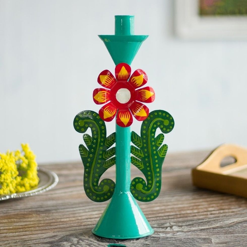 Recycled Metal Flower Candle Holder in Aqua from Peru 'Margarita Beauty in Aqua'