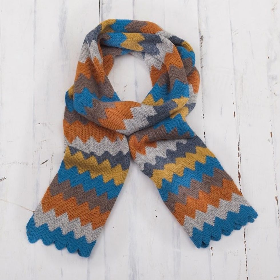 Autumnal Zigzag Alpaca Blend Wrap Scarf from Peru 'Autumnal Zigzags'