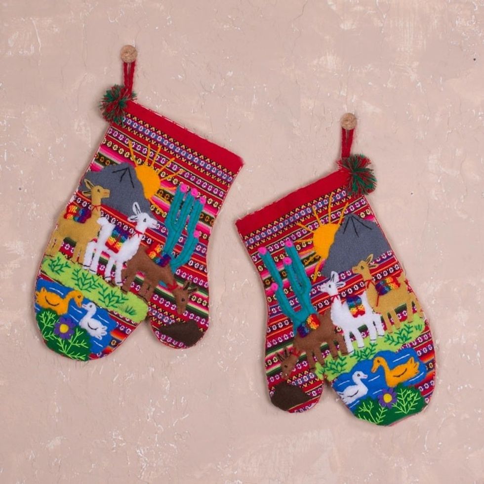 Hand Made Cotton Arpillera Decorative Mitts Featuring Llamas 'Llama Walk'
