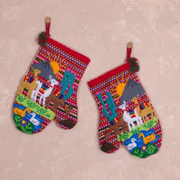Alternate image for Hand Made Cotton Arpillera Decorative Mitts Featuring Llamas Llama Walk