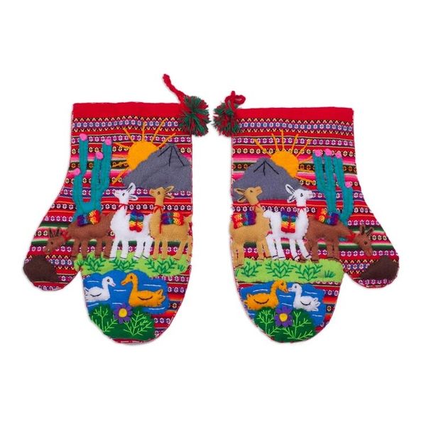 Alternate image for Hand Made Cotton Arpillera Decorative Mitts Featuring Llamas Llama Walk