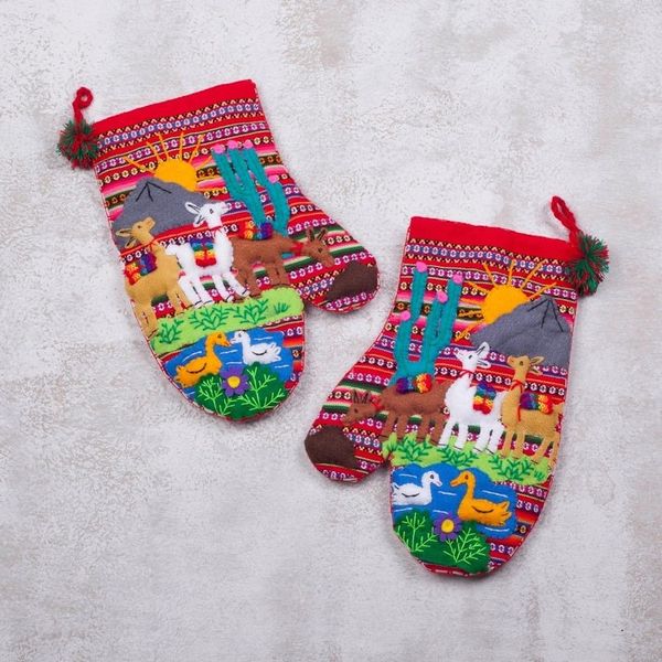 Alternate image for Hand Made Cotton Arpillera Decorative Mitts Featuring Llamas Llama Walk