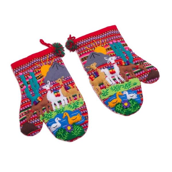 Alternate image for Hand Made Cotton Arpillera Decorative Mitts Featuring Llamas Llama Walk