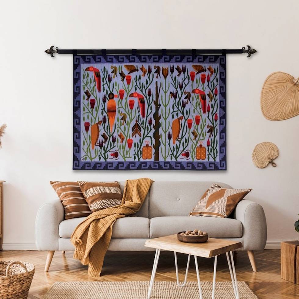 Blue Handwoven Tapestry with Birds 4x5 'Blue Tropical Forest'