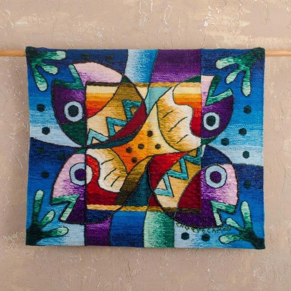 Fish Theme Hand-loomed 100 Alpaca Tapestry from Peru 'Marine Life'