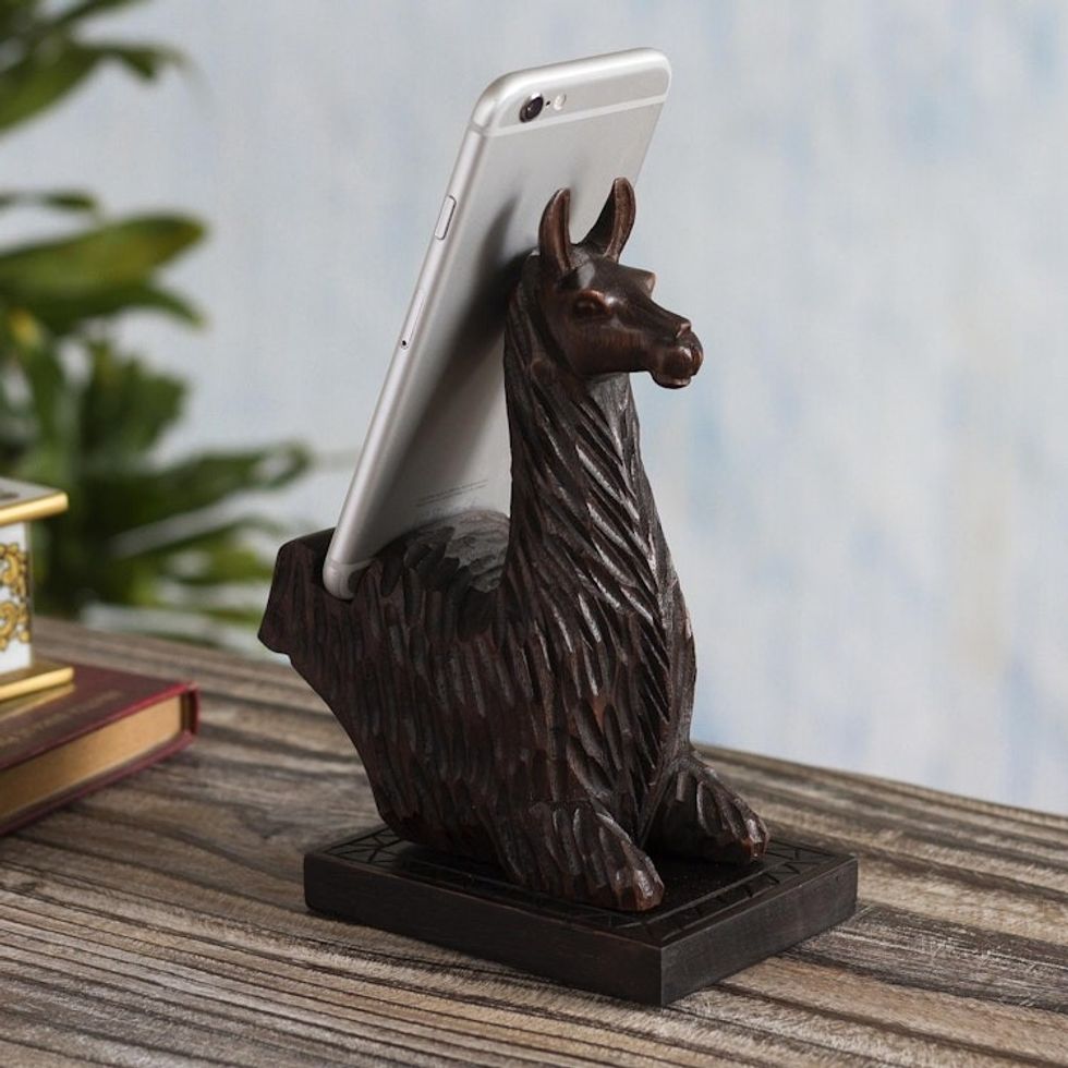 Hand-carved Llama Wood Phone Holder From Peru 'Prancing Llama'