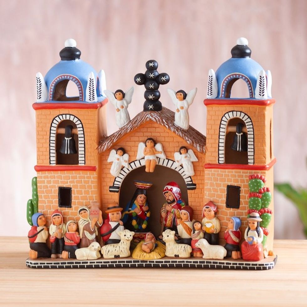 Hand-Painted Ceramic Nativity Sculpture from Peru 'Andean Church'