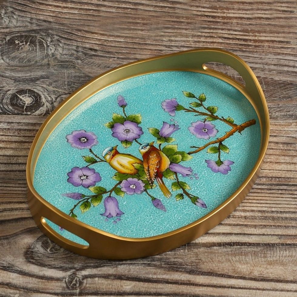 Bird and Flower Motif Reverse-Painted Glass Tray 'Birds of a Feather in Blue'