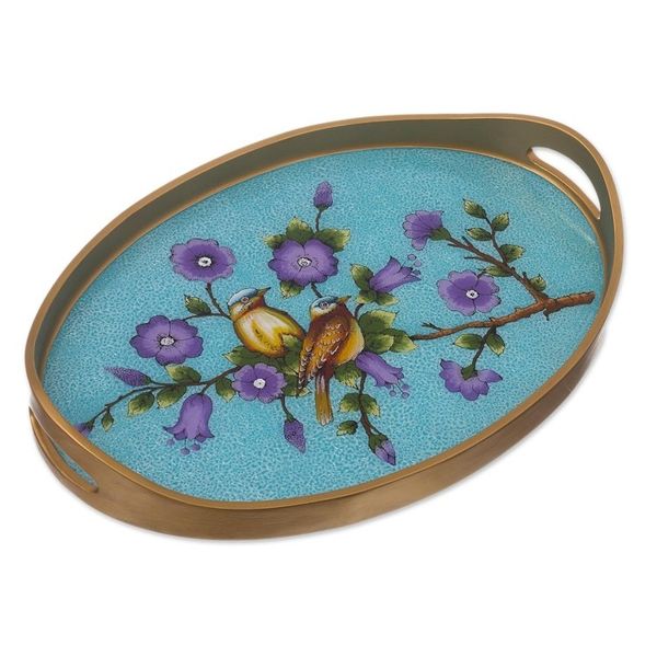Alternate image for Bird and Flower Motif Reverse-Painted Glass Tray Birds of a Feather in Blue