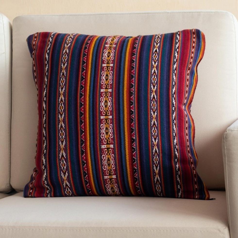 Multicolored Alpaca Blend Cushion Cover 'Cusco Fretwork'