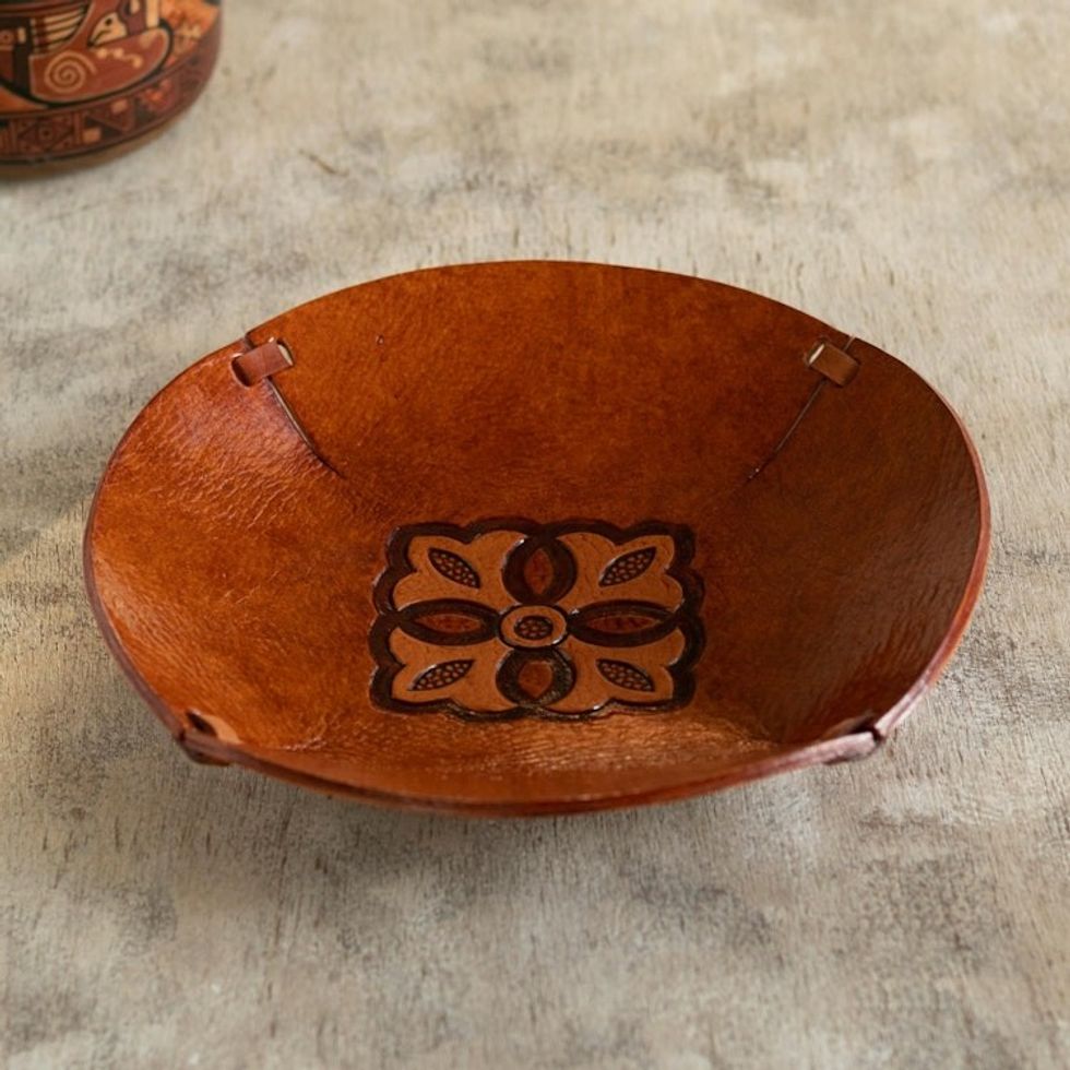 Brown Hand Tooled Leather Catchall Plate from Peru 'Colonial Florals'