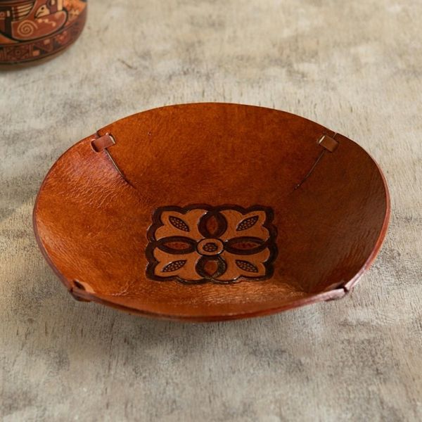 Alternate image for Brown Hand Tooled Leather Catchall Plate from Peru Colonial Florals