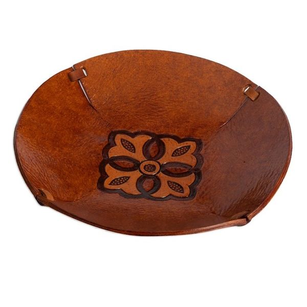 Alternate image for Brown Hand Tooled Leather Catchall Plate from Peru Colonial Florals