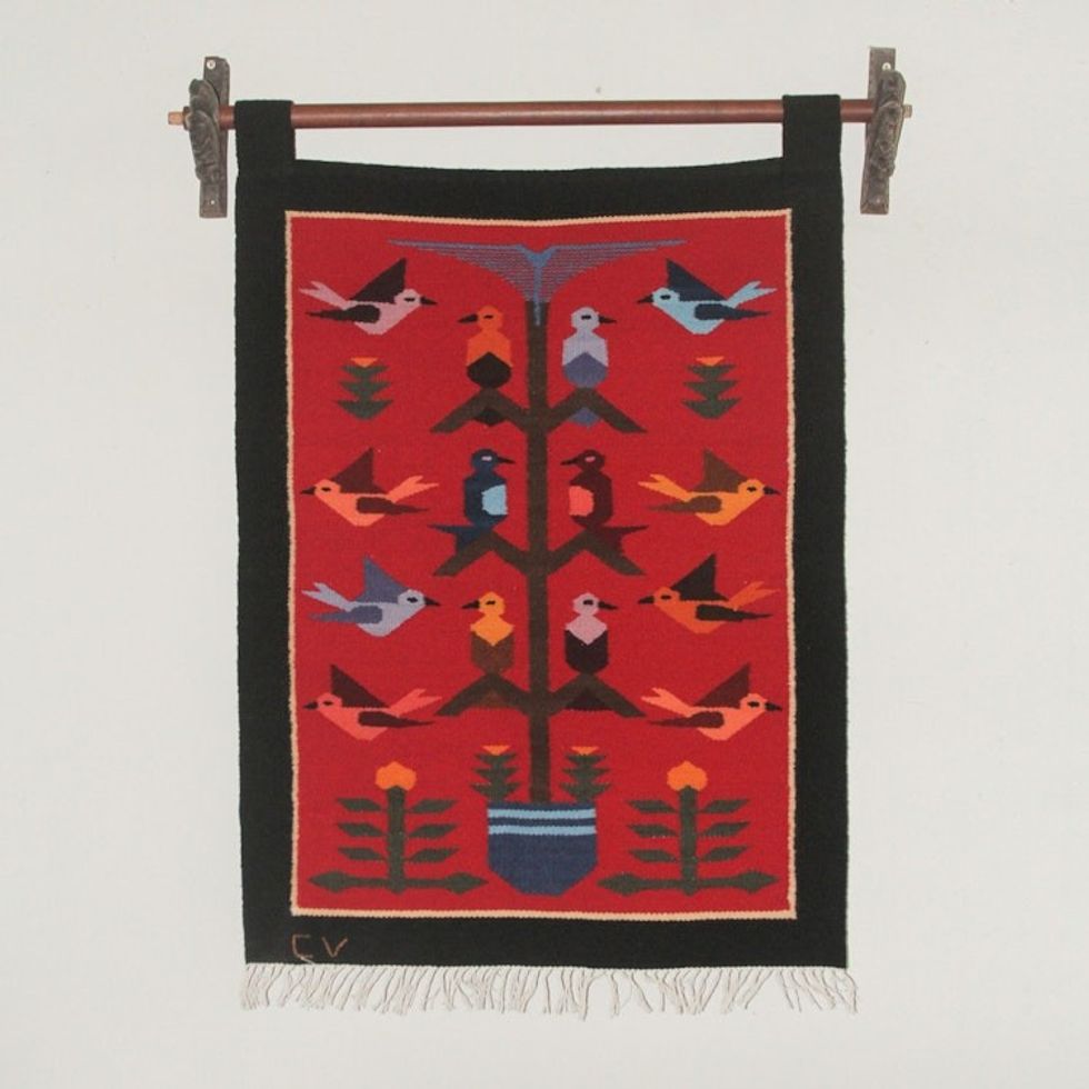 Andean Handwoven Wool Tapestry with Birds on Red 'Red Birds in Eden'