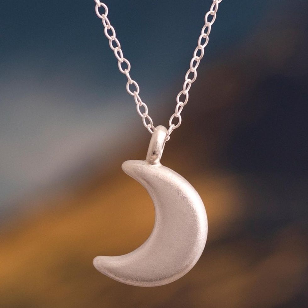 Crescent Moon Pendant and Chain Necklace of Sterling Silver 'Glowing Crescent Moon'