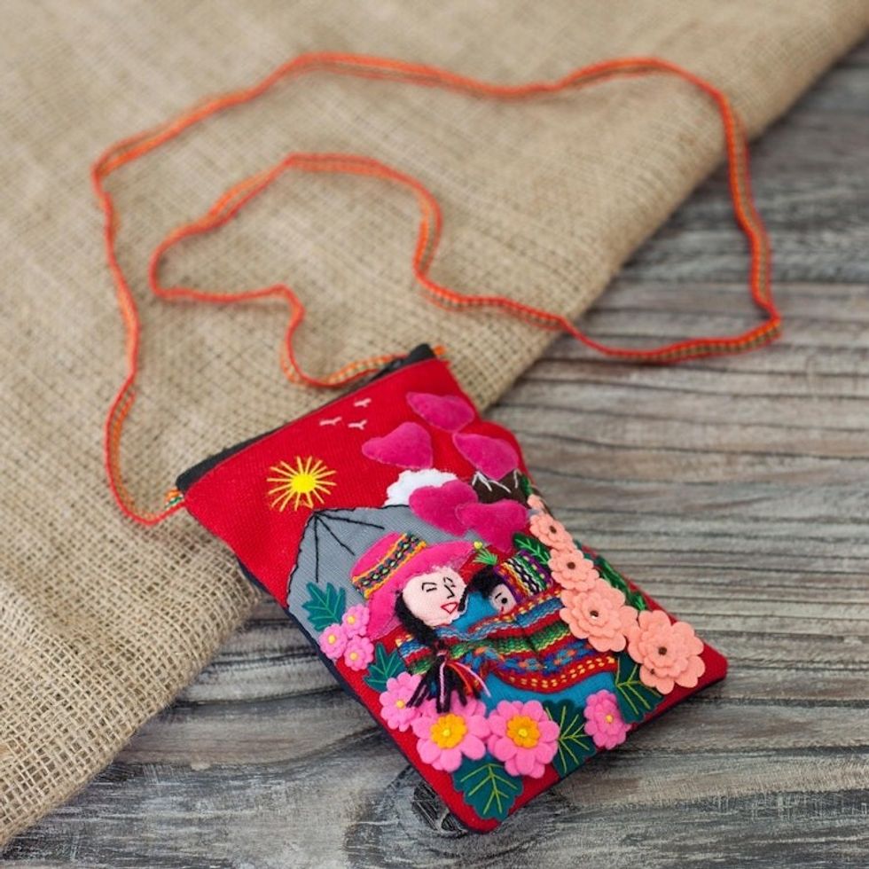 Handcrafted Arpillera Cotton Blend Cell Phone Bag from Peru 'Mama of the Andes'