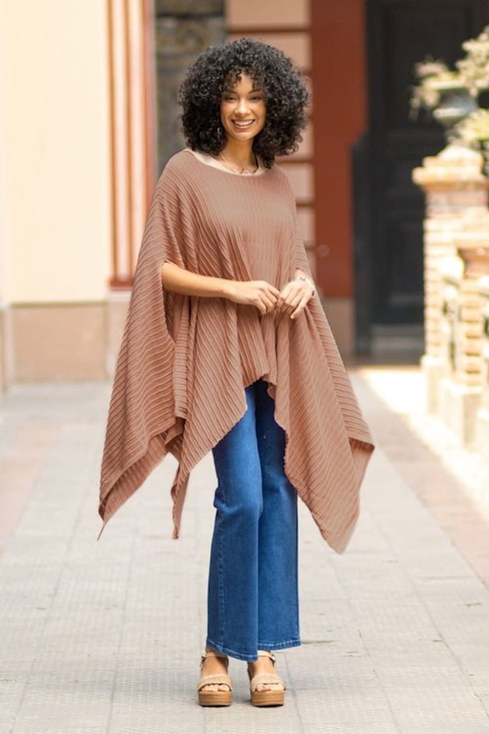 Organic Pima Cotton Knitted Poncho in Peach from Peru 'Pintu Spring in Peach'