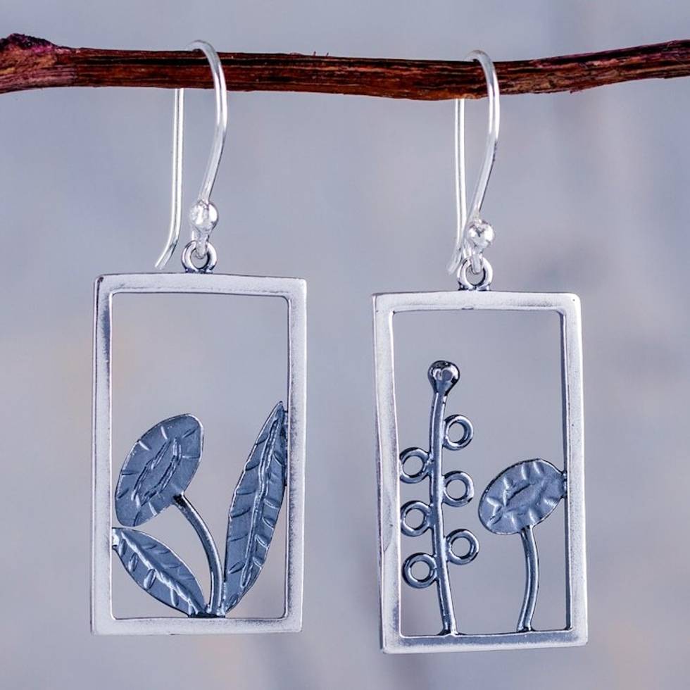 Peru Artisan Crafted Sterling Silver Dangle Earrings 'Flowers in the Window'