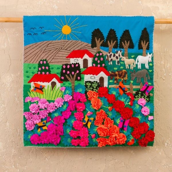 Alternate image for Handmade Floral Cotton Applique Wall Hanging Ancash Fields of Roses