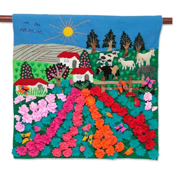 Alternate image for Handmade Floral Cotton Applique Wall Hanging Ancash Fields of Roses