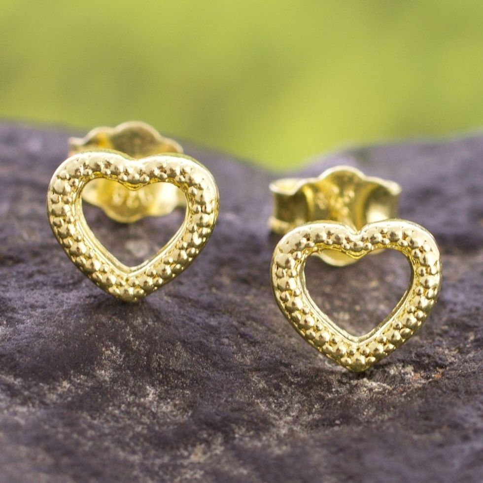 Gold Plated Sterling Silver Heart Stud Earrings from Peru 'Heart Dimples'