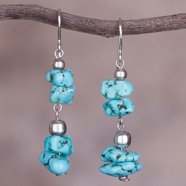Alternate image for Sterling Silver and Reconstituted Turquoise Dangle Earrings Peruvian Pebbles