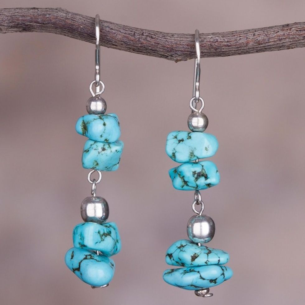 Sterling Silver and Reconstituted Turquoise Dangle Earrings 'Peruvian Pebbles'