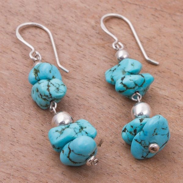 Alternate image for Sterling Silver and Reconstituted Turquoise Dangle Earrings Peruvian Pebbles