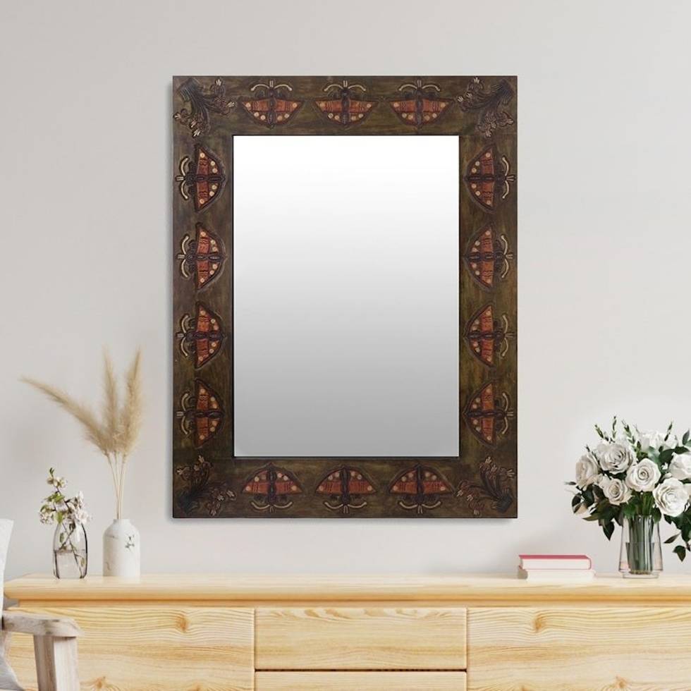 Artisan Crafted Tooled Leather Wall Mirror 'Inca Butterfly'