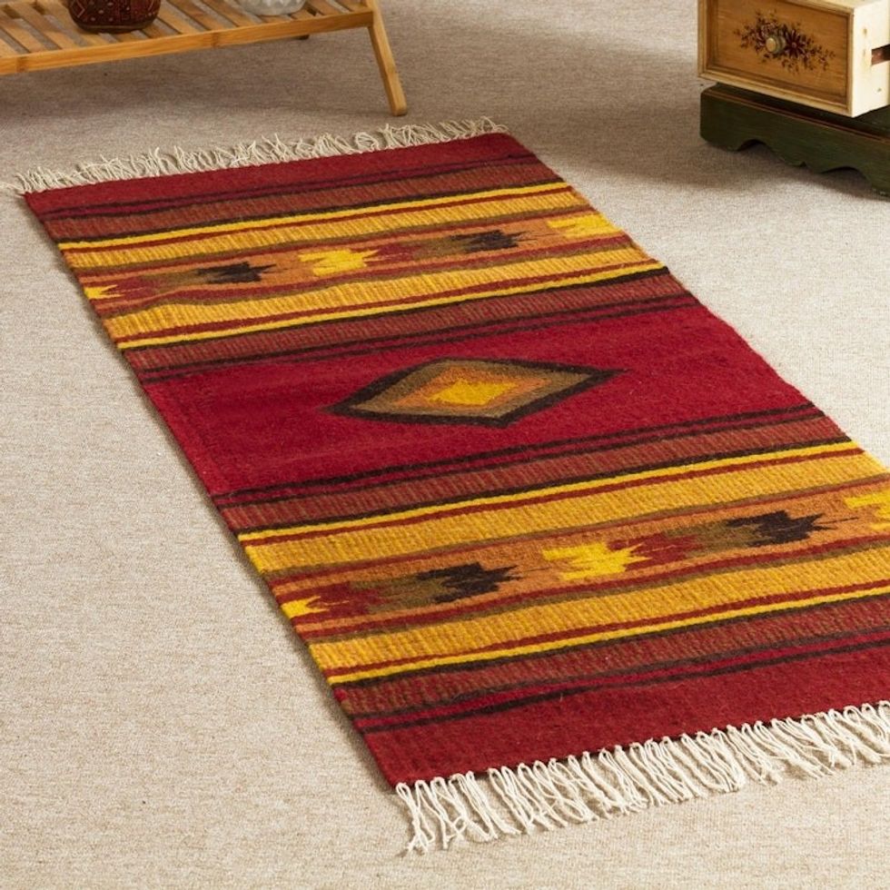 Hand-woven 2x5 Red And Yellow Alpaca Wool Rug From Peru 'Empire'