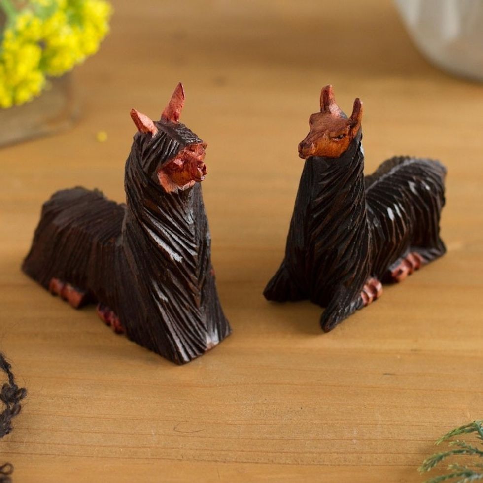 Cedar Wood Figurines of a Lying Llama and Suri Alpaca Pair 'Calm on the Mountain'