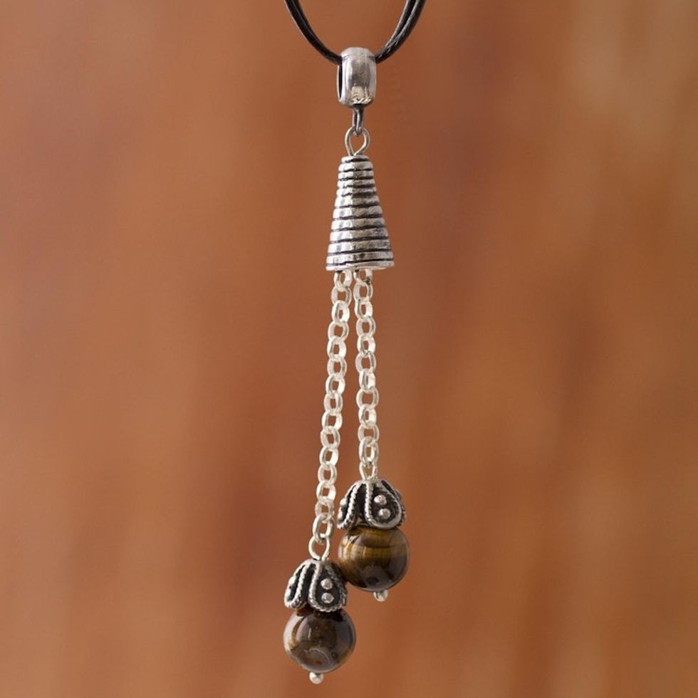 Tiger's Eye Pendant Necklace on Cotton Cord from Peru 'Floral Pendulums'