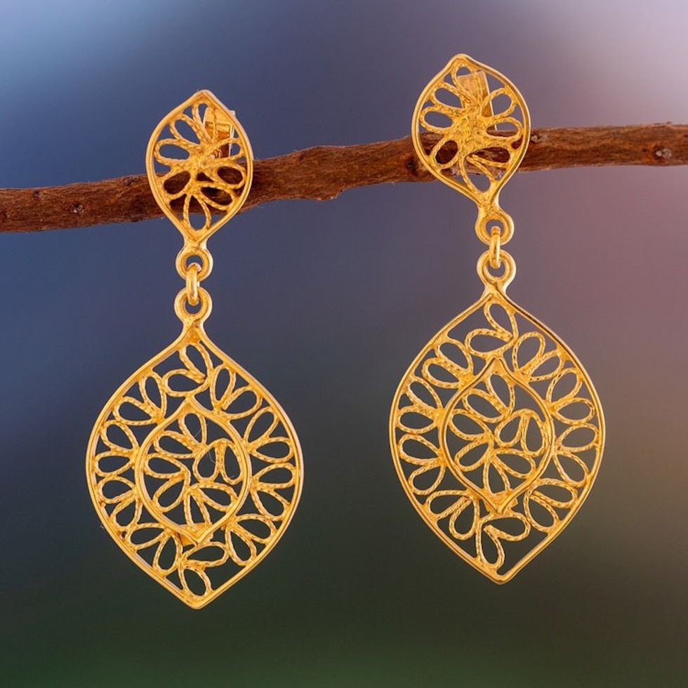 Leaf-Shaped Gold Plated Sterling Silver Filigree Earrings 'Drops of Autumn'