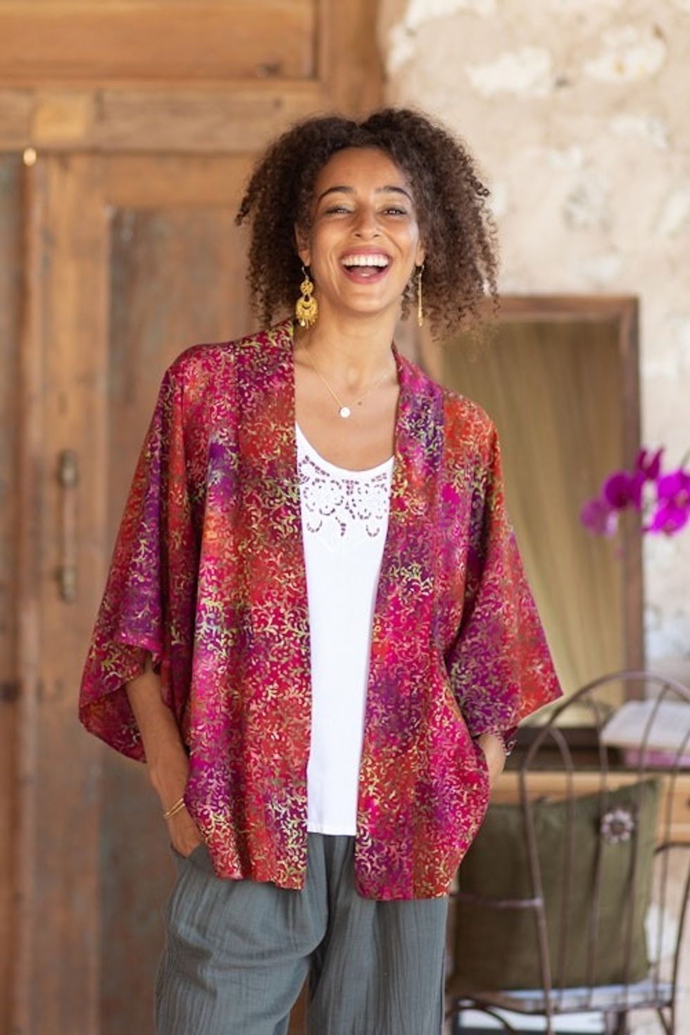 Red Hand-Stamped Batik Rayon Kimono Jacket from Bali 'Red Vine'