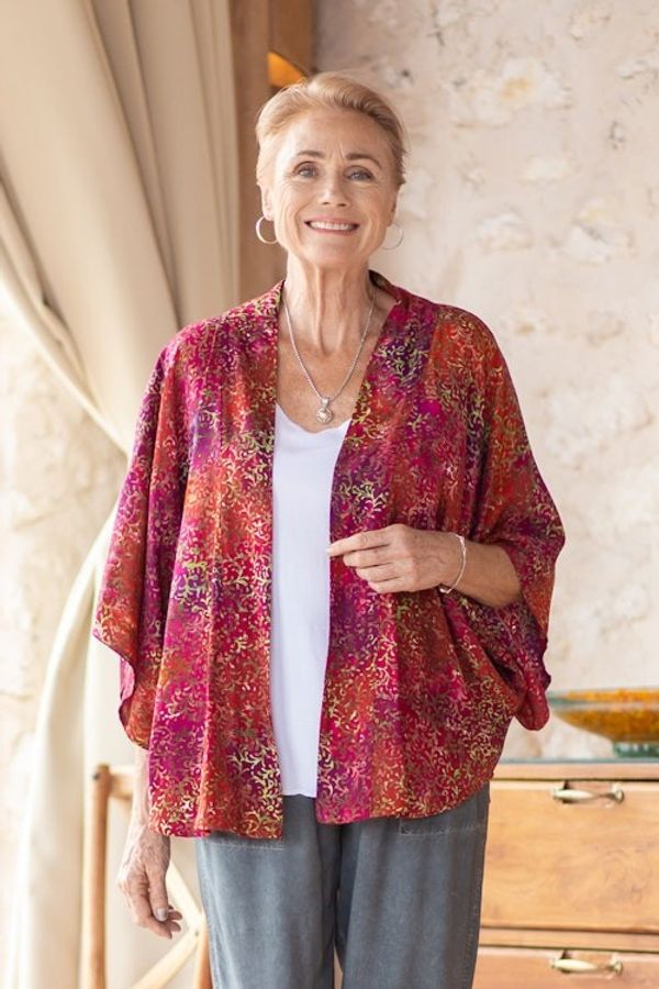 Alternate image for Red Hand-Stamped Batik Rayon Kimono Jacket from Bali Red Vine