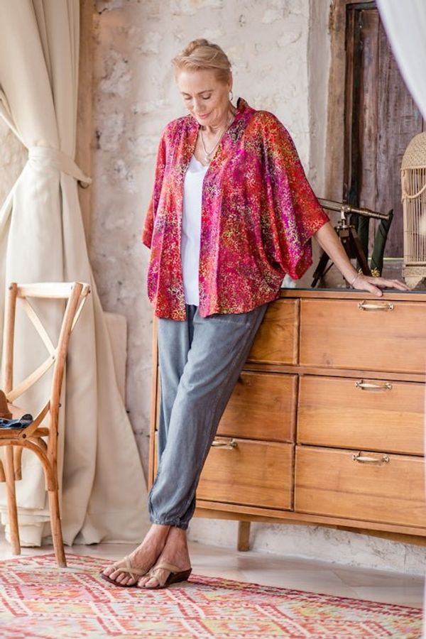 Alternate image for Red Hand-Stamped Batik Rayon Kimono Jacket from Bali Red Vine