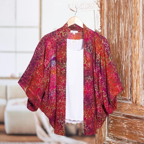 Alternate image for Red Hand-Stamped Batik Rayon Kimono Jacket from Bali Red Vine