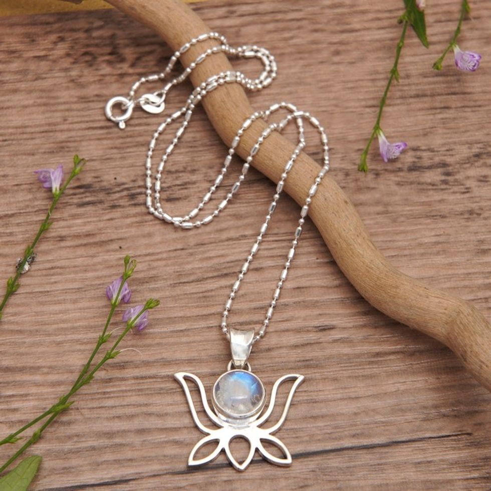 Polished Lotus-Shaped Rainbow Moonstone Pendant Necklace 'Heaven Lotus'