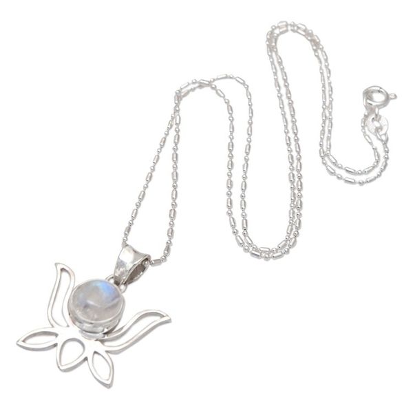 Alternate image for Polished Lotus-Shaped Rainbow Moonstone Pendant Necklace Heaven Lotus