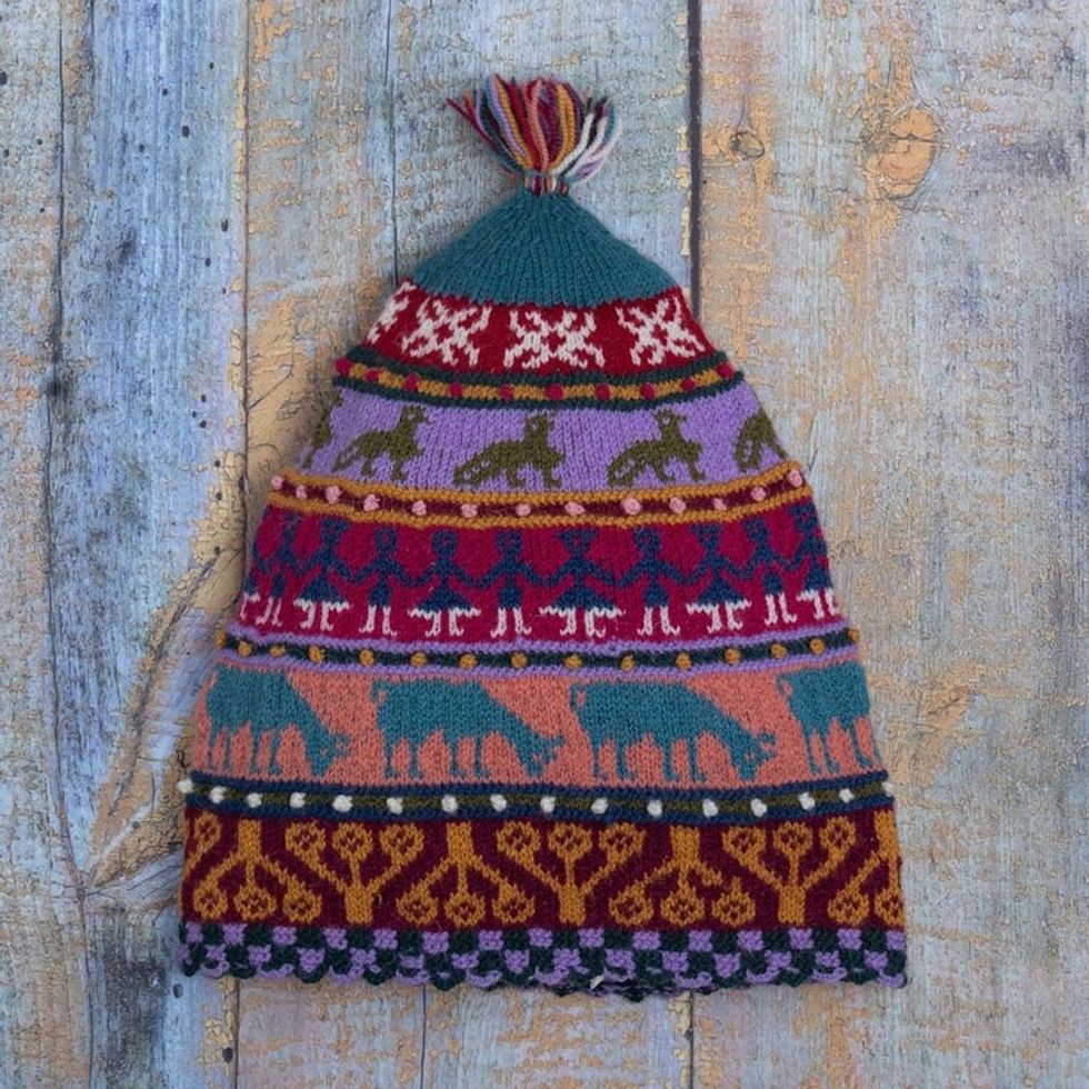 Multicolored Hand Knit Wool Hat 'Qanchi Dance'