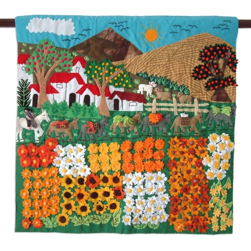Hand Crafted Peruvian Folk Art Applique Wall Hanging 'Sunflower Farm'