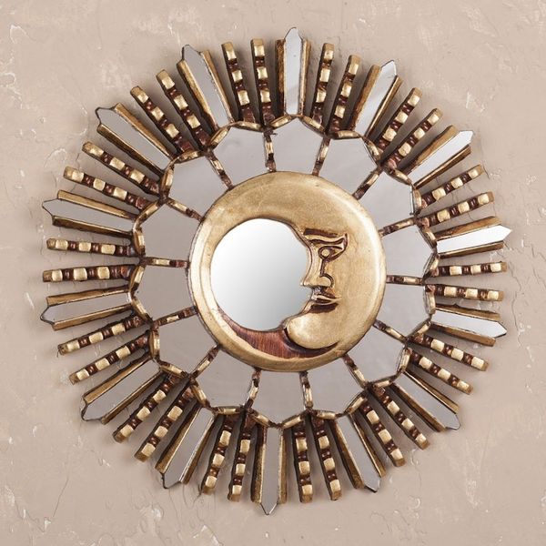 Alternate image for Wood Wall Mirror with Moon Theme and Bronze Leaf Cuzco Moonlight