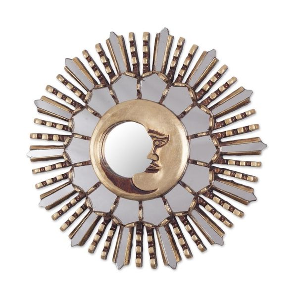 Alternate image for Wood Wall Mirror with Moon Theme and Bronze Leaf Cuzco Moonlight