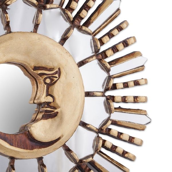 Alternate image for Wood Wall Mirror with Moon Theme and Bronze Leaf Cuzco Moonlight