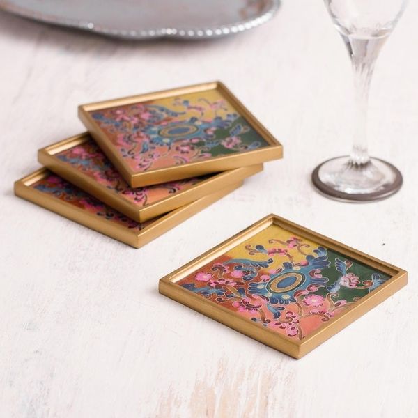 Alternate image for Colorful Reverse-Painted Glass Coasters from Peru Set of 4 Artisanal Color