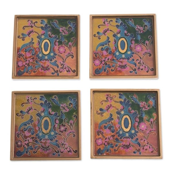 Alternate image for Colorful Reverse-Painted Glass Coasters from Peru Set of 4 Artisanal Color