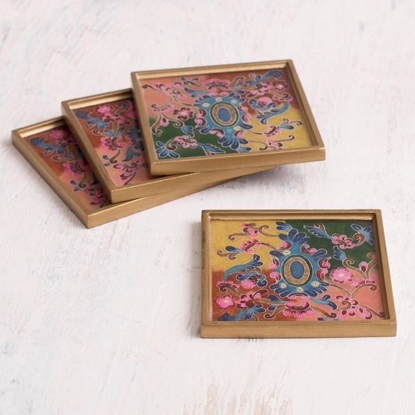 Alternate image for Colorful Reverse-Painted Glass Coasters from Peru Set of 4 Artisanal Color